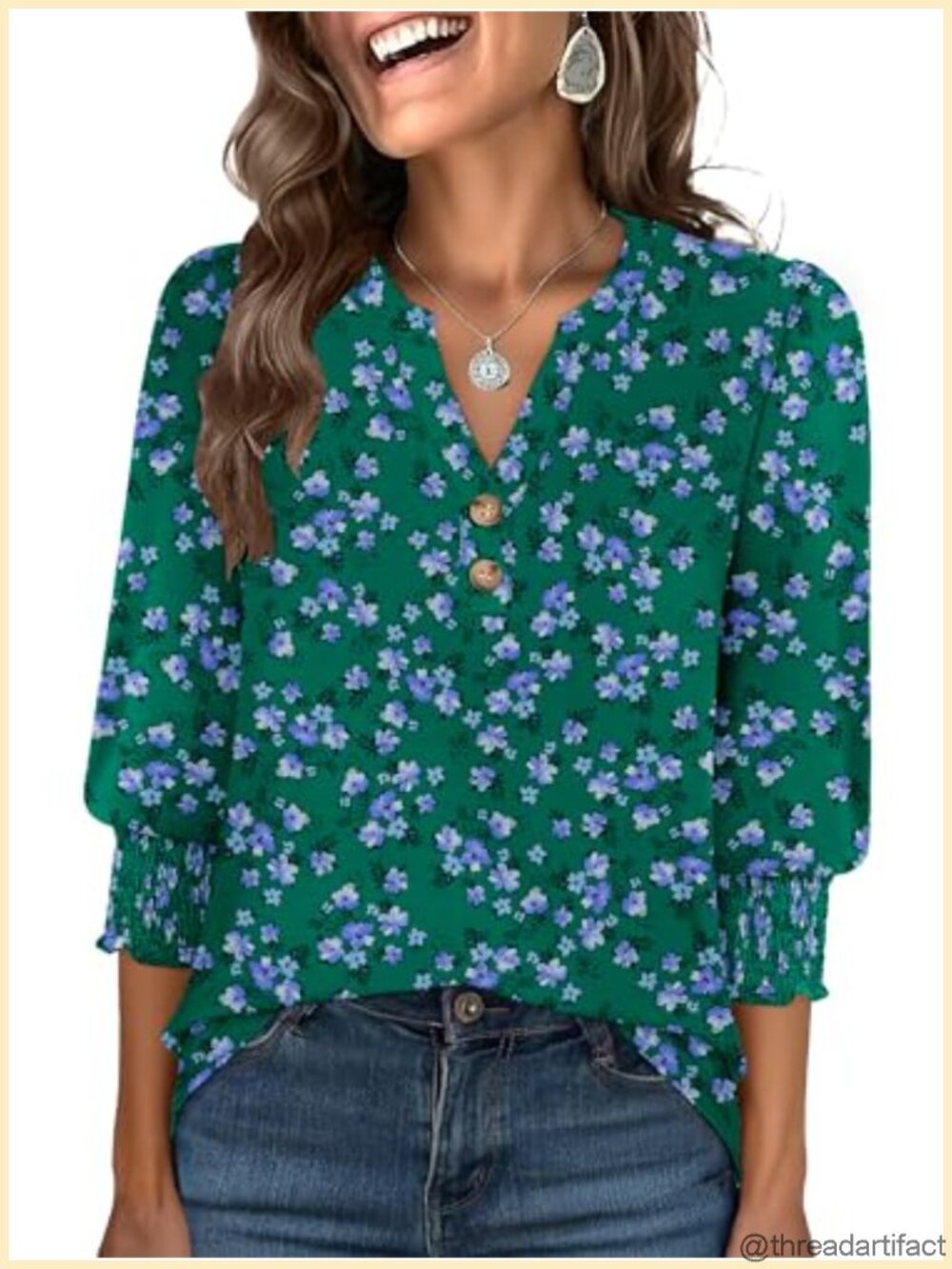 Womens 3/4 Sleeve Henley V Neck Blouse Smocked Cuff Casual Top
